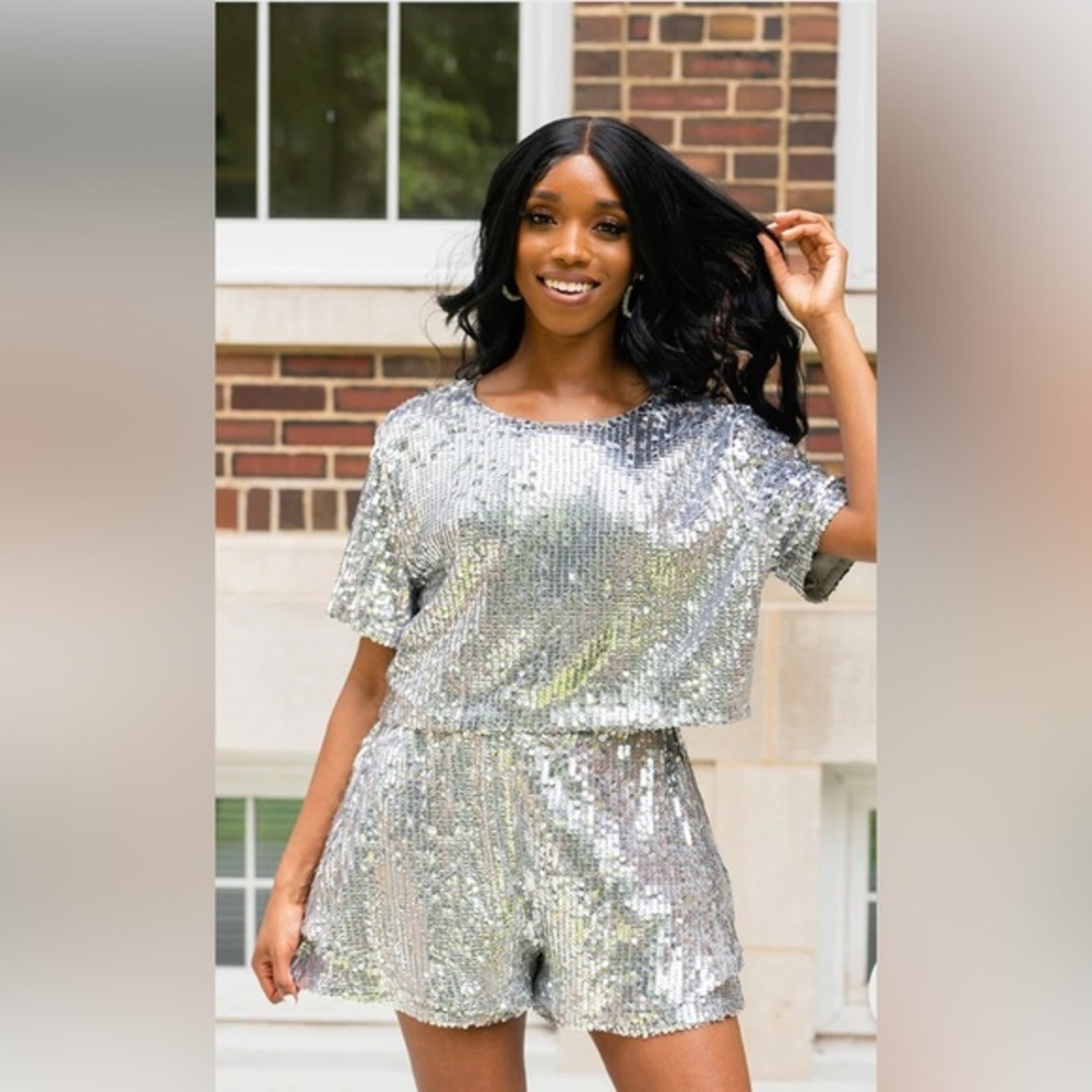 Buddy love 2piece silver‎ LAURA SEQUIN skirt & blouse top skirt set size medium